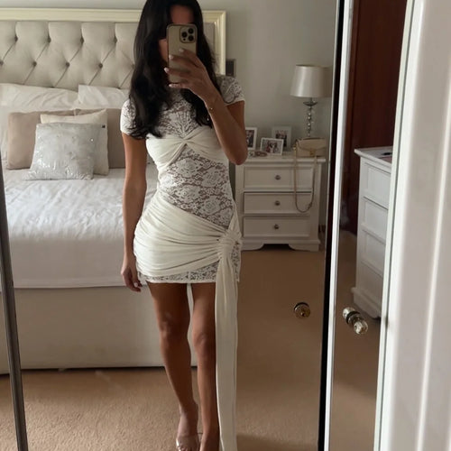 Load image into Gallery viewer, Elegant Lace Patchwork Tight Strap Dress Women Sexy Double Layer Perspective Slimming Party Club Evening Dress 2025
