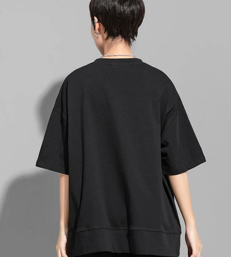 Women Black 3d Patch Spliced Big Size Casual T-shirt New Round Neck Short Sleeve Fashion Tide Spring Summer 2025  1DJ1777