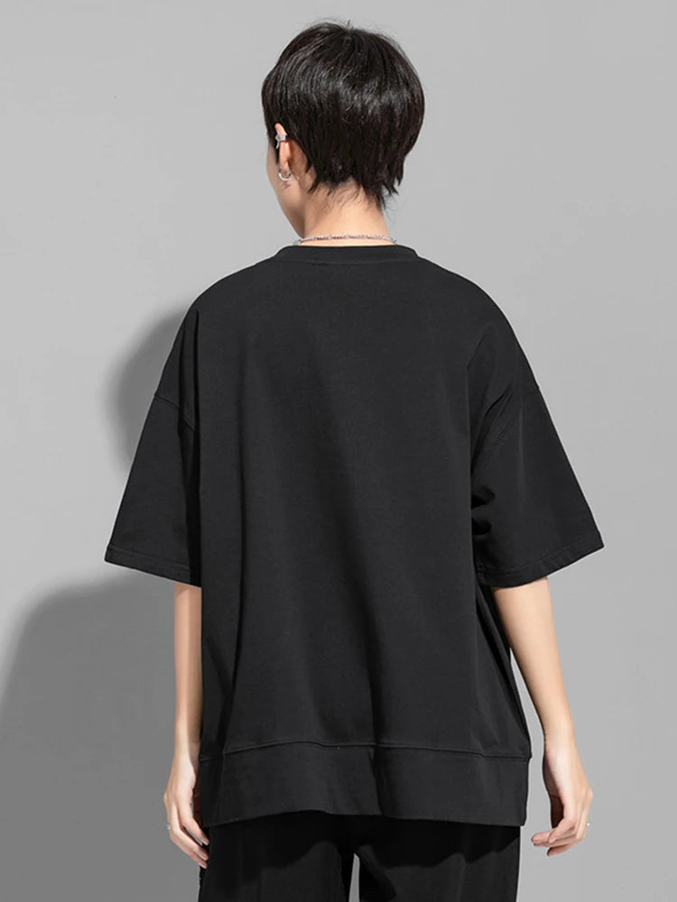 Women Black 3d Patch Spliced Big Size Casual T-shirt New Round Neck Short Sleeve Fashion Tide Spring Summer 2025  1DJ1777