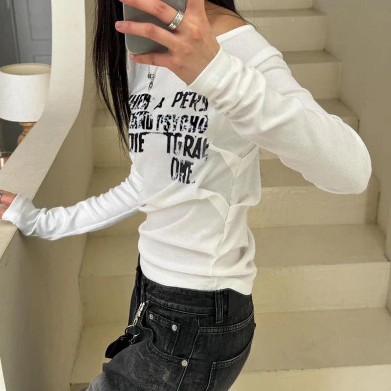 Korean Fashion Letter Print White T-shirts Women Skew Collar Autumn Knitted Tops Casual Trend Outifits Folds Pullover