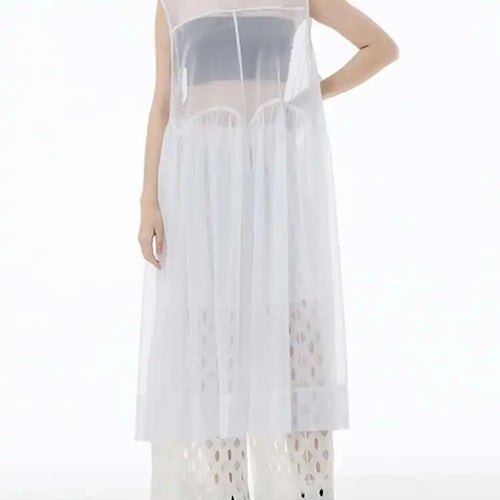 Load image into Gallery viewer, Women Black Big Hem Mesh Big Size Elegant Perspective Dress New Round Neck Sleeveless Fashion Spring Summer 2025 1DH6298
