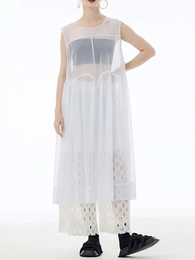 Women Black Big Hem Mesh Big Size Elegant Perspective Dress New Round Neck Sleeveless Fashion Spring Summer 2025 1DH6298