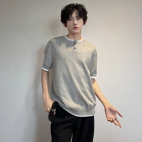 Load image into Gallery viewer, Men's T-shirts Short Sleeve Round Collar Fake Two-piece Spliced Button Knit Design Ice Male Pullover Clothing 9W1749
