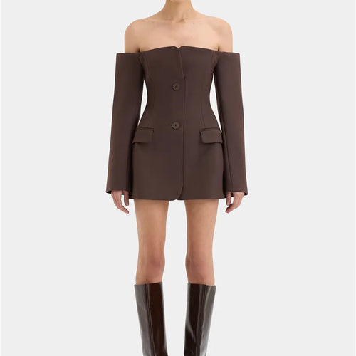 Load image into Gallery viewer, Off-shoulder Strapless Sexy Blazer Dress For Women Fashion Solid Zipper Two Pocket Long Sleeve Backless Mini Dress
