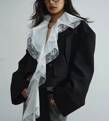 Black Lace Big Size Short Irregular Woolen Coat New Lapel Long Sleeve Women Jacket Fashion Tide Autumn Winter 2025 1DH7518
