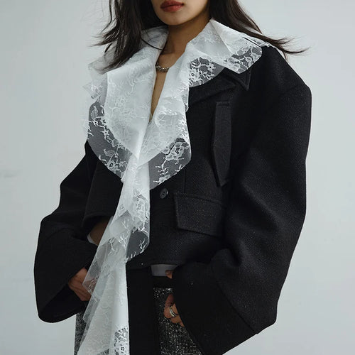 Load image into Gallery viewer, Black Lace Big Size Short Irregular Woolen Coat New Lapel Long Sleeve Women Jacket Fashion Tide Autumn Winter 2025 1DH7518
