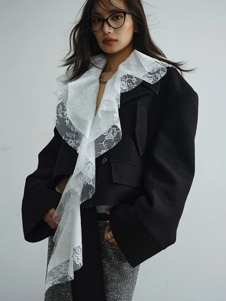 Black Lace Big Size Short Irregular Woolen Coat New Lapel Long Sleeve Women Jacket Fashion Tide Autumn Winter 2025 1DH7518