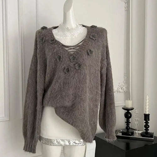 Load image into Gallery viewer, French Women Purple Long Sleeve Knitted Pullover V-neck Fashion Sweater Autumn Winter Grey Flower Decorate Tops 2025 Clothing
