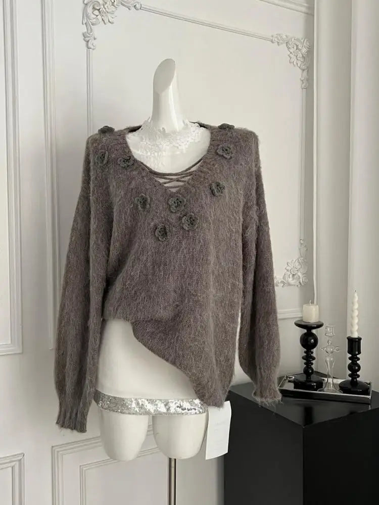 French Women Purple Long Sleeve Knitted Pullover V-neck Fashion Sweater Autumn Winter Grey Flower Decorate Tops 2025 Clothing
