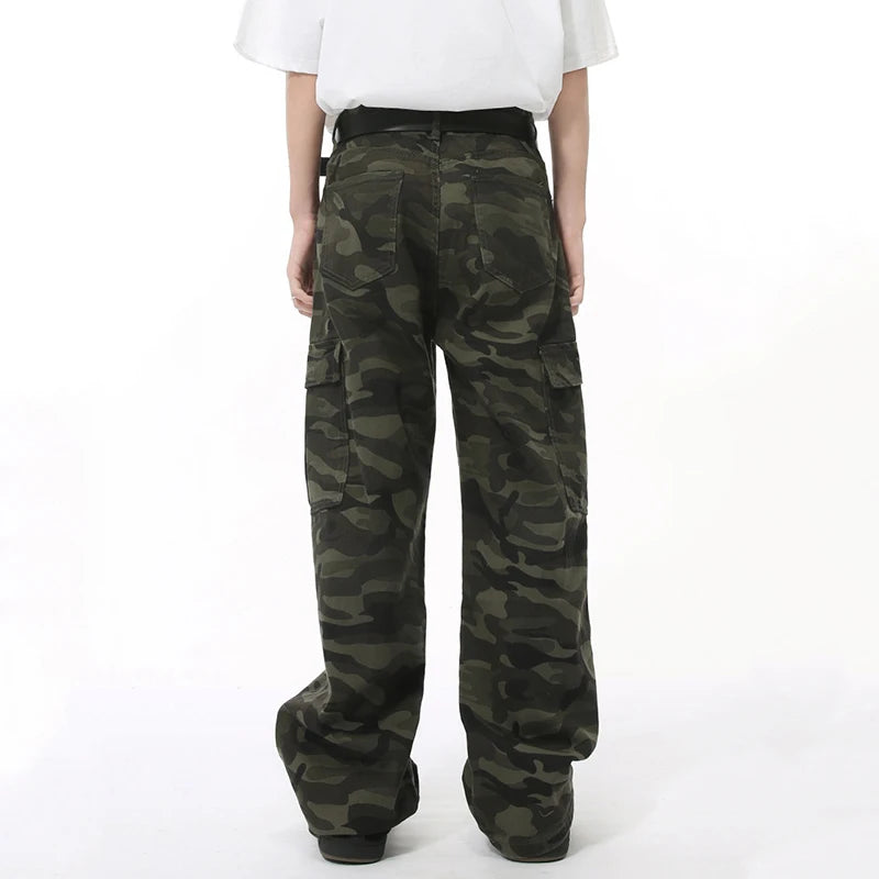 American Syle Men's Denim Pants Camouflage Big Pockets Vasual Washing Trousers Straight Wide Leg Loose Male Jeans 9C7508