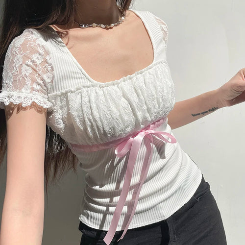 Load image into Gallery viewer, Chic Korean White Tee Shirts Lace Patchwork Slim Square Neck Bow Sweet Summer Women&#39;s T shirt Top Coquett Clothes Y2K
