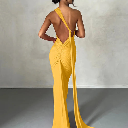 Load image into Gallery viewer, One Shoulder Backless Adjustable Scarf Loop Ruched Sexy Maxi Dress 2025 Women Elegant Y2K Streetwear Festival Outfit
