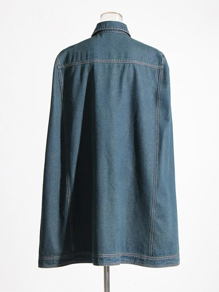 Solid Patchwork Pockets Casual Loose Denim Coats For Women Lapel Cloak Sleeve Spliced Single Breasted Streetwear Coat Female