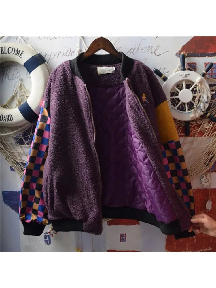 Design Harajuku Color Block Plaid Stitching Sleeves Thick Warm Winter Coat for Women Purple Basic Jackets