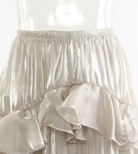 High Elastic Waist Champagne Glossy Ruffles Irregular Half-body Skirt Women Fashion Tide New Spring Autumn 2025 1DJ0349