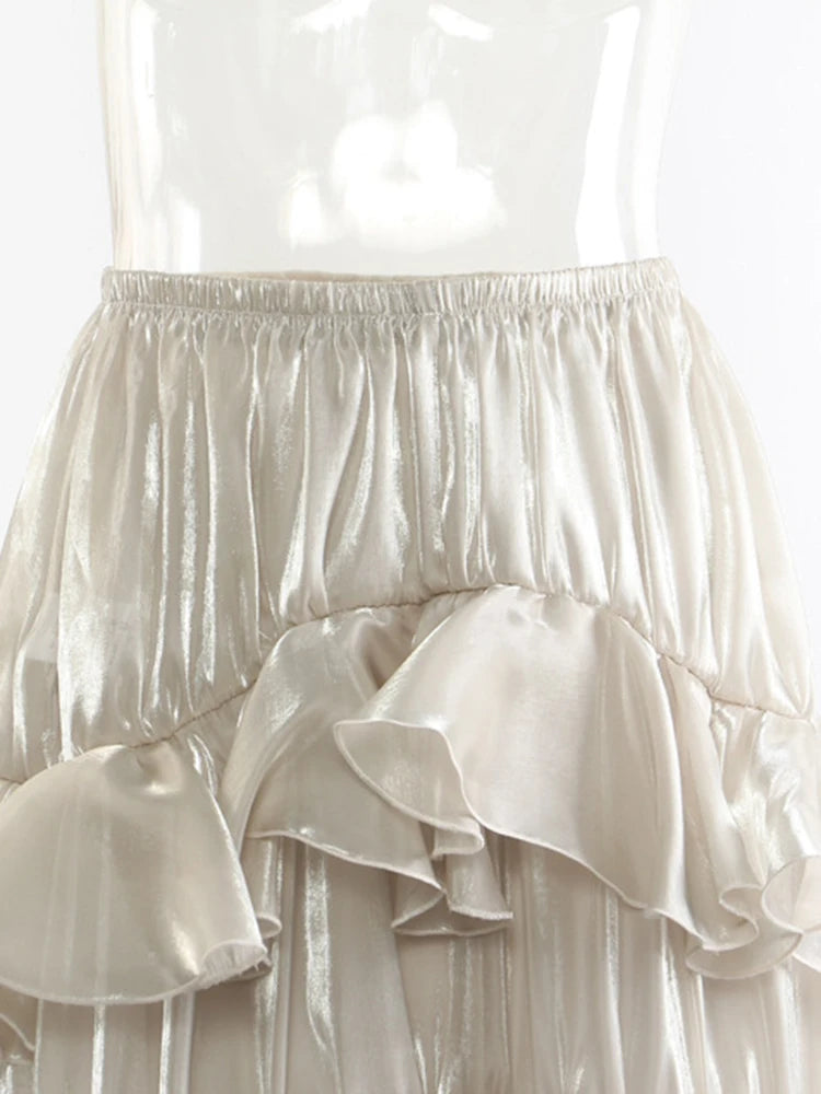 High Elastic Waist Champagne Glossy Ruffles Irregular Half-body Skirt Women Fashion Tide New Spring Autumn 2025 1DJ0349