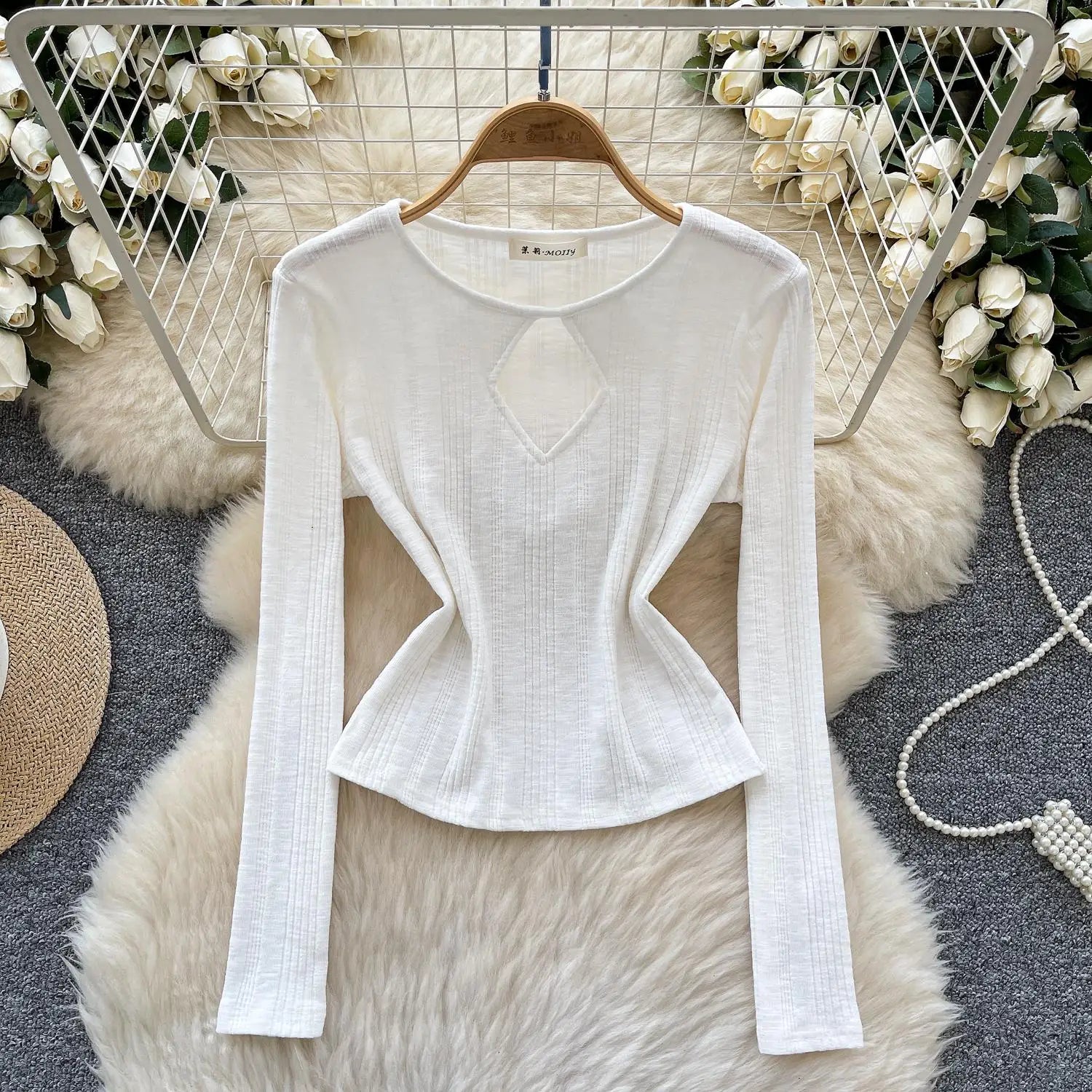 Vintage Fashion Women's Solid Long Sleeved Hollow Out Slim Short T Shirt 2025 Spring Elegant Versatile Ladies Festival Tops Chic