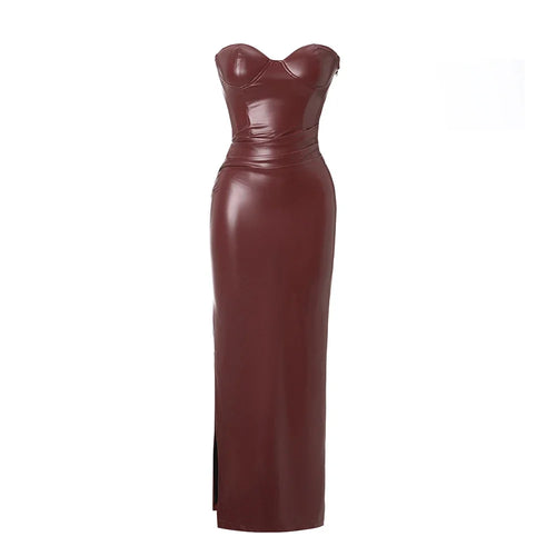 Load image into Gallery viewer, Autumn Strapless Party Dresses 2024 New Arrivals Wine PU Corset  Dress Sexy Midi Bodycon Night Event Dress Women
