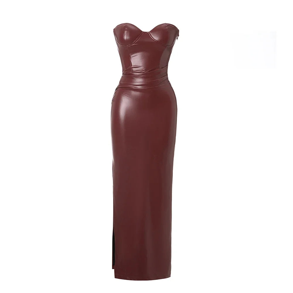 Autumn Strapless Party Dresses 2024 New Arrivals Wine PU Corset  Dress Sexy Midi Bodycon Night Event Dress Women