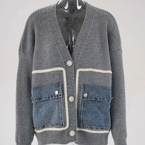 Load image into Gallery viewer, Brown Denim Pocket Big Size Knitting Cardigan Sweater V-Neck Long Sleeve Women New Fashion Tide Spring Autumn 2025 CPG1987
