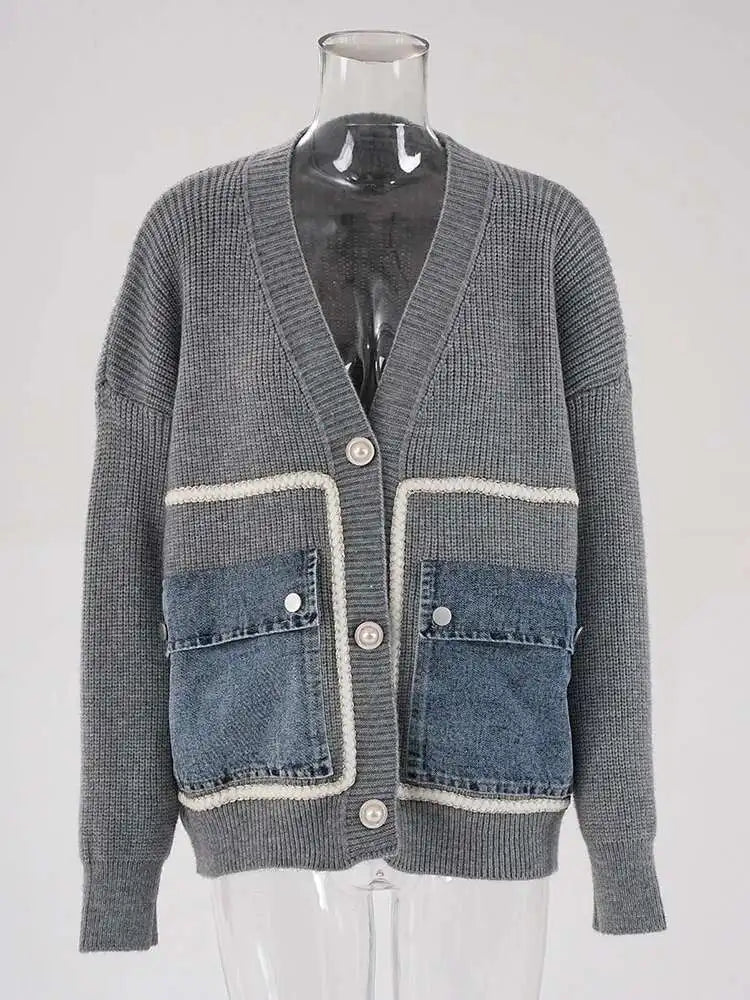 Brown Denim Pocket Big Size Knitting Cardigan Sweater V-Neck Long Sleeve Women New Fashion Tide Spring Autumn 2025 CPG1987