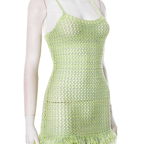 Load image into Gallery viewer, Spaghetti Strap Tassel Knit Mini Dress Women Summer New Hollow Out See Through Backless Beach Holiday Club Dress
