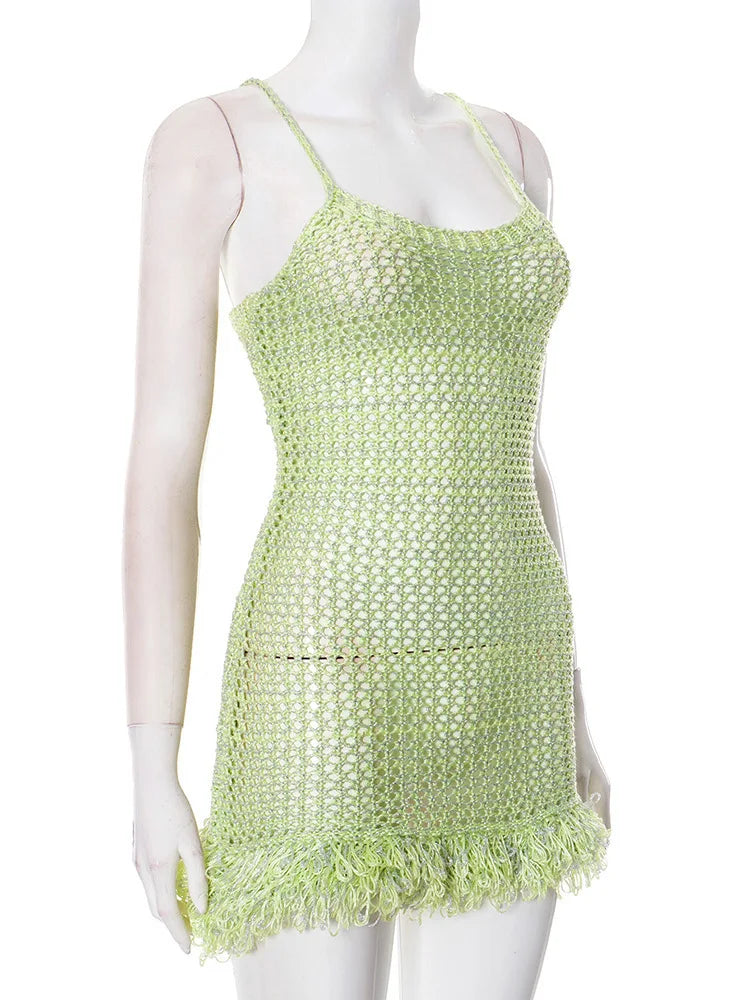 Spaghetti Strap Tassel Knit Mini Dress Women Summer New Hollow Out See Through Backless Beach Holiday Club Dress