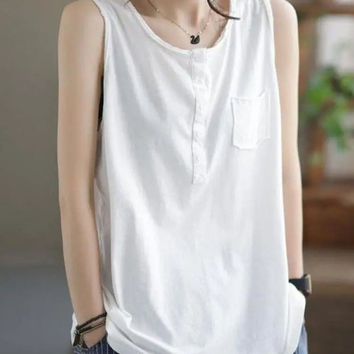 Load image into Gallery viewer, Women&#39;s Black Casual Loose Pocket Vest Summer Fashion Brown Sleeveless Buttons Bottoming Tops Large Size Versatile Trendy Tanks
