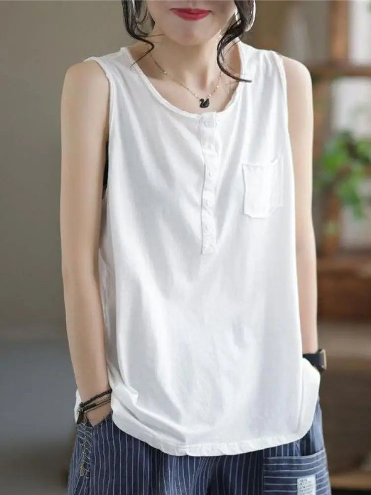 Women's Black Casual Loose Pocket Vest Summer Fashion Brown Sleeveless Buttons Bottoming Tops Large Size Versatile Trendy Tanks