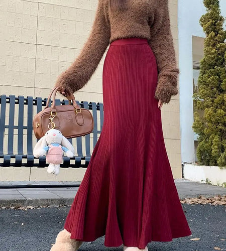 Korean Fashion Vintage Women Solid Elegant High Waist Party Long Skirt 2024 Autumn Winter Wrap Hip Knitted Fishtail Skirt Street