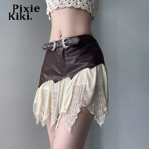 Load image into Gallery viewer, Y2k Style Mini Skirts for Woman Metal Buckle Belted PU Leather Lace Patchwork Irregular Skirt Fairy Grunge P67-DI20
