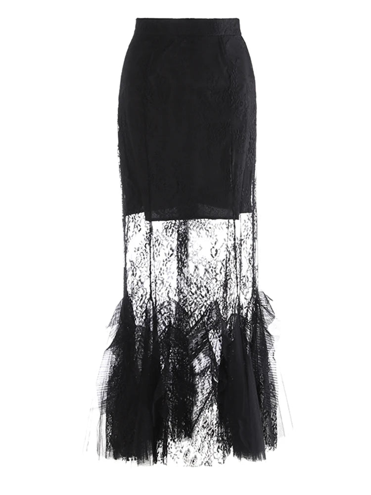 High Waist Black Lace Perspective Embroidery Mermaid Half-body Skirt Women Fashion Tide New Spring Autumn 2025 1DJ0986
