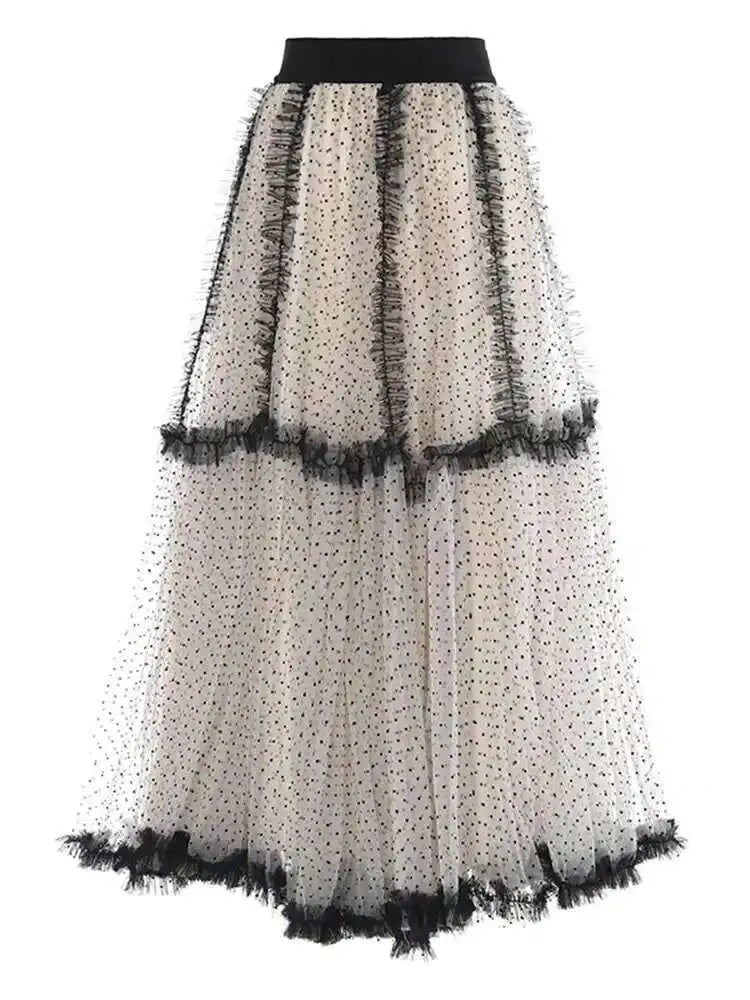 High Elastic Waist Red Dot Mesh Ruffles Elegant A-line Half-body Skirt Women Fashion Tide New Spring Autumn 2025 1DH6335