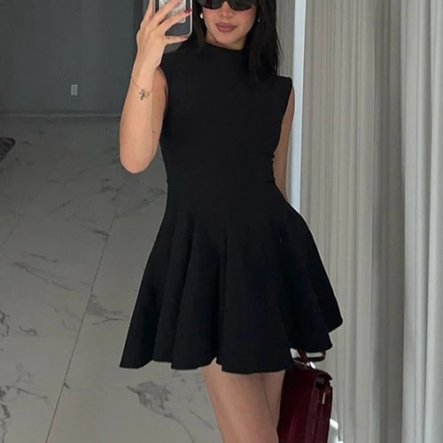 Load image into Gallery viewer, Half High Collar Sleeveless Sexy Mini Dress For Women Fashion Solid Red High Waist A-line Club Pleated Sexy Dress
