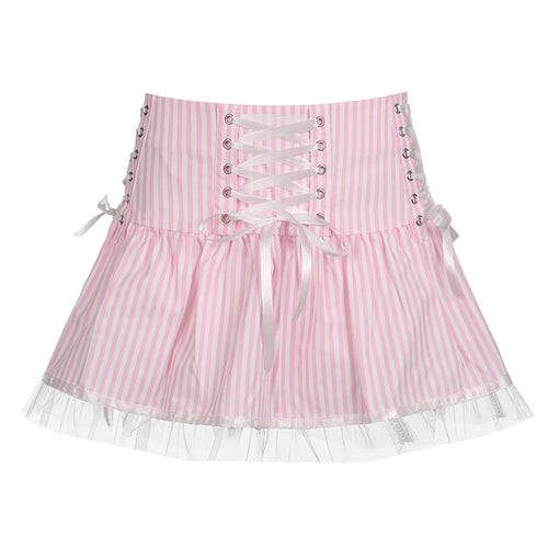 Load image into Gallery viewer, Japanese Y2K Stripe Summer Mini Skirt Lace Up Korean Fashion Women&#39;s Skirts Preppy Style Coquett Clothes A-Line Cute
