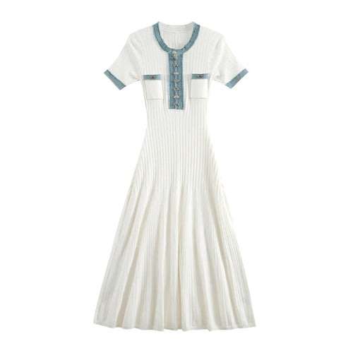 Load image into Gallery viewer, Korean Summer Black White Patchwork Elegant Office Lady Knitted Long Dress Women's Slim Short Sleeve Single Breasted Dress Trend
