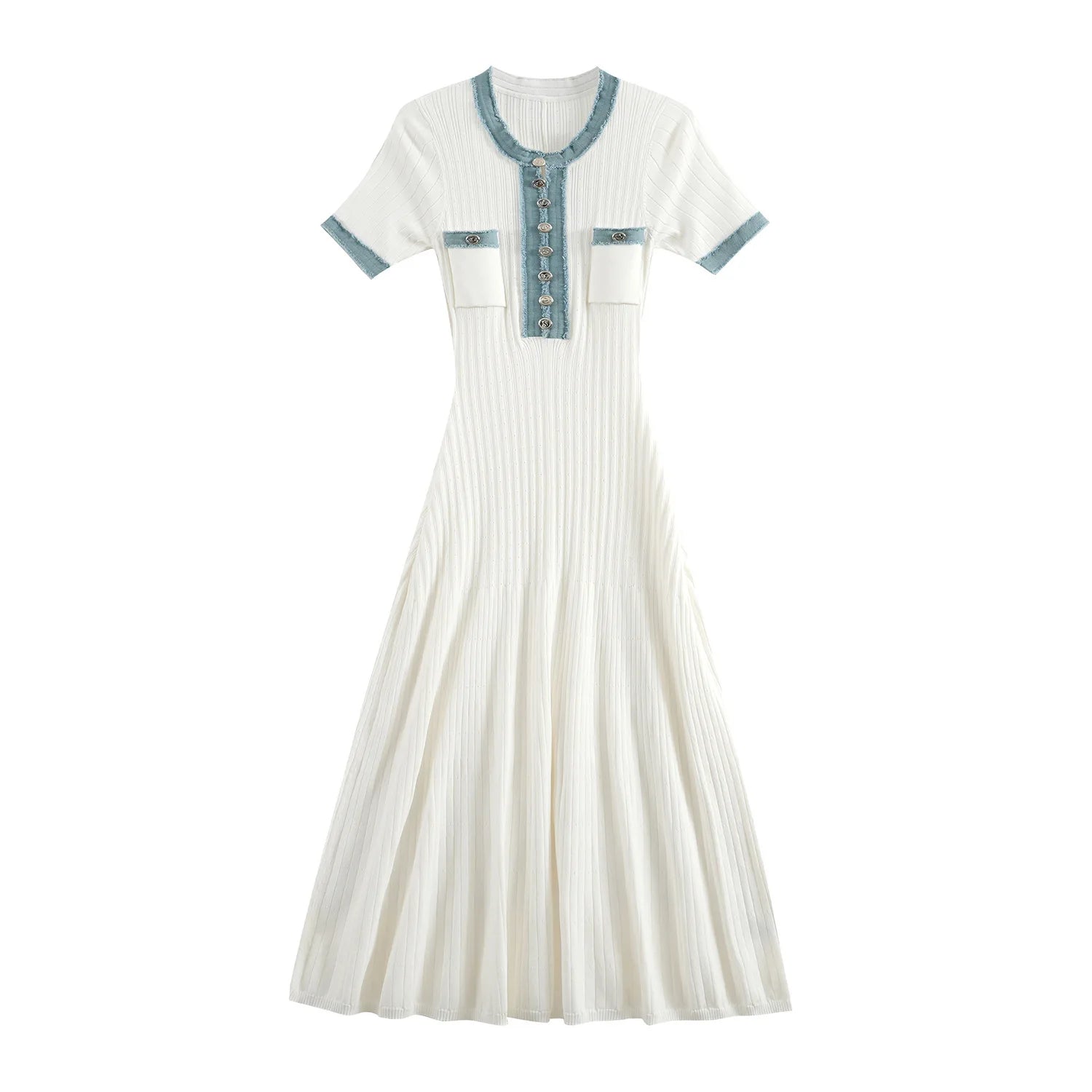 Korean Summer Black White Patchwork Elegant Office Lady Knitted Long Dress Women's Slim Short Sleeve Single Breasted Dress Trend