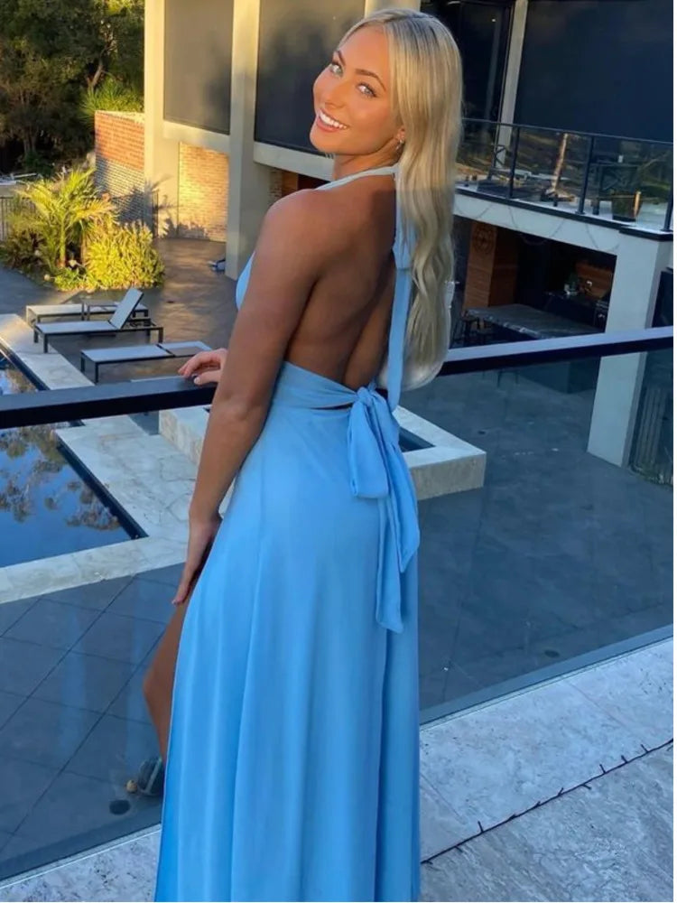 Elegant Sleeveless Open Back High Split Dress Women Slim Lace Up Evening Dress Female Elegance Club Party Vestidos 2024