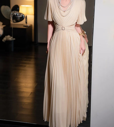 Solid Spliced Folds Slimming Dresses For Women V Neck Short Sleeve High Waist Temperament Long Dress Female Fashion