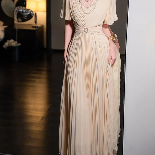 Load image into Gallery viewer, Solid Spliced Folds Slimming Dresses For Women V Neck Short Sleeve High Waist Temperament Long Dress Female Fashion
