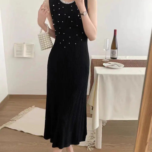 Load image into Gallery viewer, Korean Solid Pearl Elegant Round Neck Slim Vest Long Dresses For Women Sleeveless Fashion Sexy Knitted Dress Summer 2025 Popular
