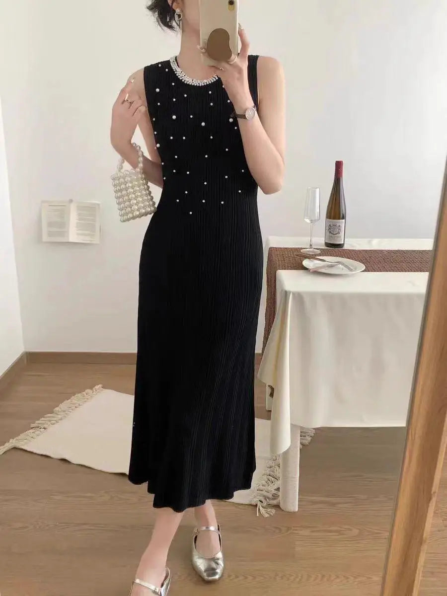 Korean Solid Pearl Elegant Round Neck Slim Vest Long Dresses For Women Sleeveless Fashion Sexy Knitted Dress Summer 2025 Popular