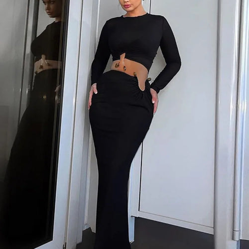 Load image into Gallery viewer, Autumn Winter Skirt Two Pieces Sets Women Sexy Long Sleeve Crop Tops And Elegant Maxi Skirt Sets Ladies Holiday Sets
