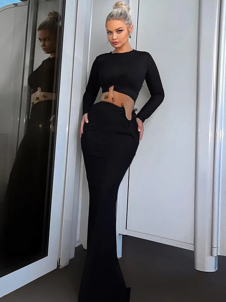 Autumn Winter Skirt Two Pieces Sets Women Sexy Long Sleeve Crop Tops And Elegant Maxi Skirt Sets Ladies Holiday Sets