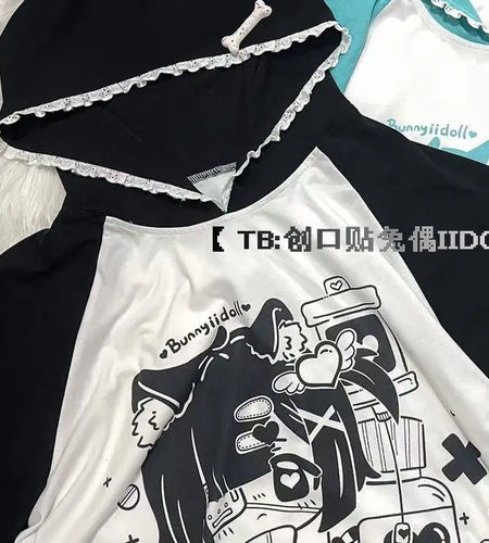 Ropa Mujer T Shirts Women Japanese Sweet Summer Tees Fashion Anime Patchwork Lace Y2k Tops Casual Hooded Oversized T-shirt