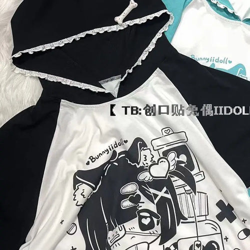 Load image into Gallery viewer, Ropa Mujer T Shirts Women Japanese Sweet Summer Tees Fashion Anime Patchwork Lace Y2k Tops Casual Hooded Oversized T-shirt
