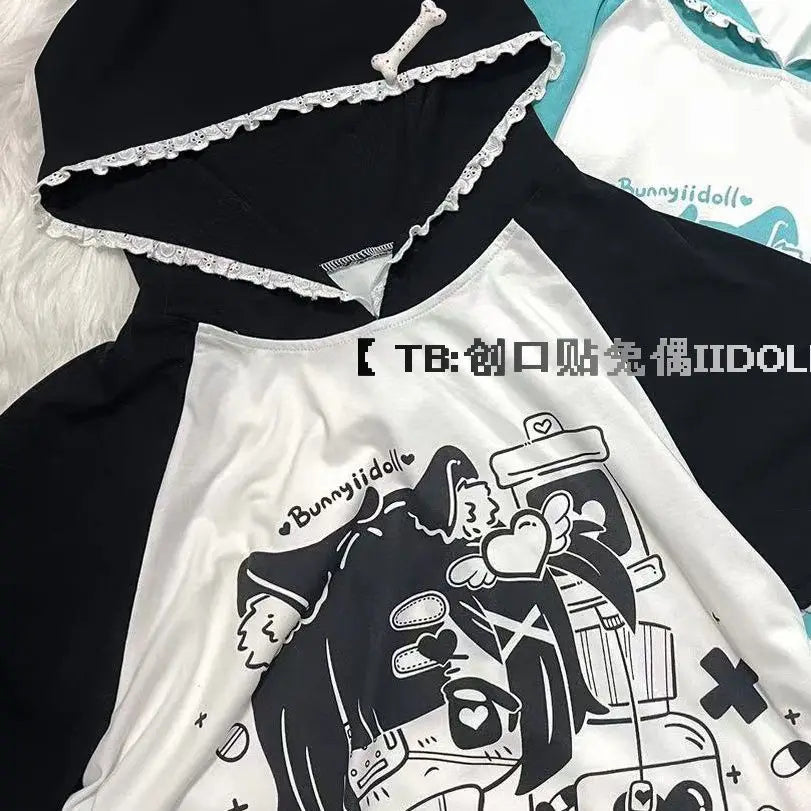 Ropa Mujer T Shirts Women Japanese Sweet Summer Tees Fashion Anime Patchwork Lace Y2k Tops Casual Hooded Oversized T-shirt