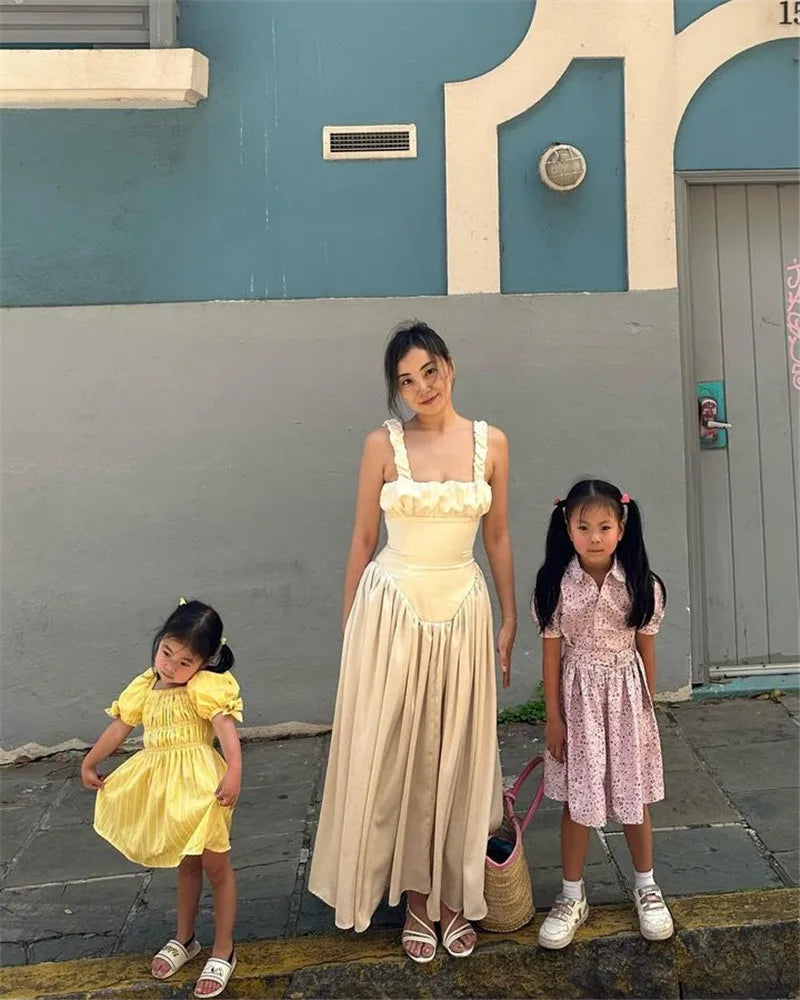 Elegant Satin Backless Midi Dress For Women High Quality Sundress Fashion Square Collar Sleeveless Loose Pleated Dress