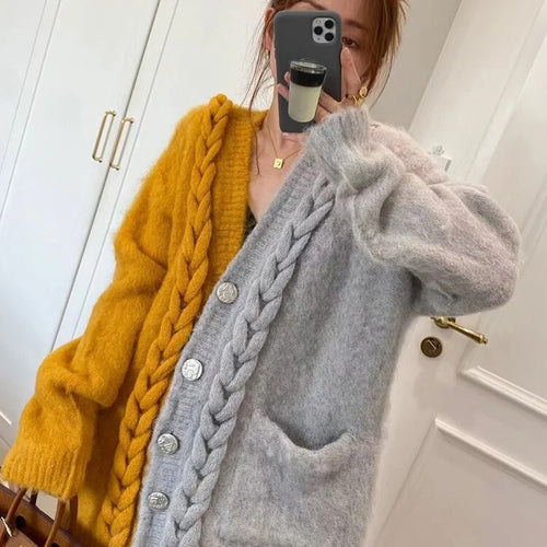 Load image into Gallery viewer, Patchwork Knitting Sweater For Women V Neck Long Sleeve Colorblock Casual Cardigan Female Clothing Fashion Style
