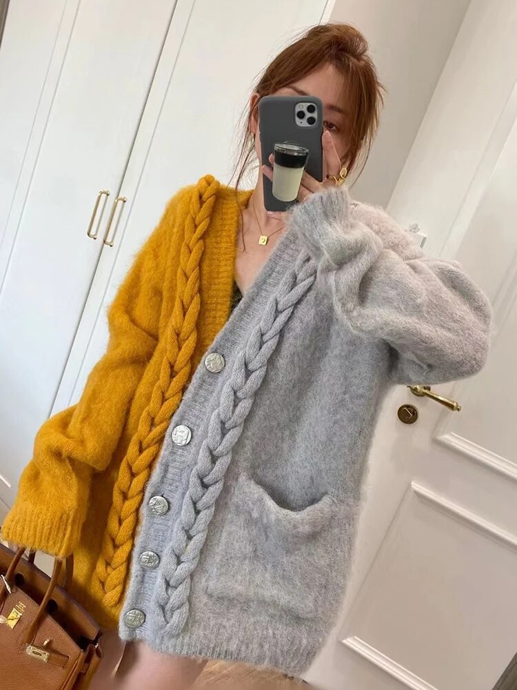 Patchwork Knitting Sweater For Women V Neck Long Sleeve Colorblock Casual Cardigan Female Clothing Fashion Style